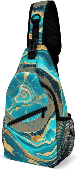 Sling Bag for Women Men Chest Bag Turquoise Blue Gold Marble Crossbody Bag Small Sling Backpack Daypack Fanny Packs