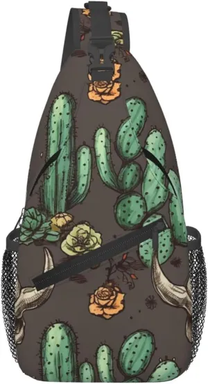 Sling Bag for Women Men Crossbody Bag Sling Backpack Skull of Bull and Cute Cactus Chest Bag Fanny Packs Hiking Daypack