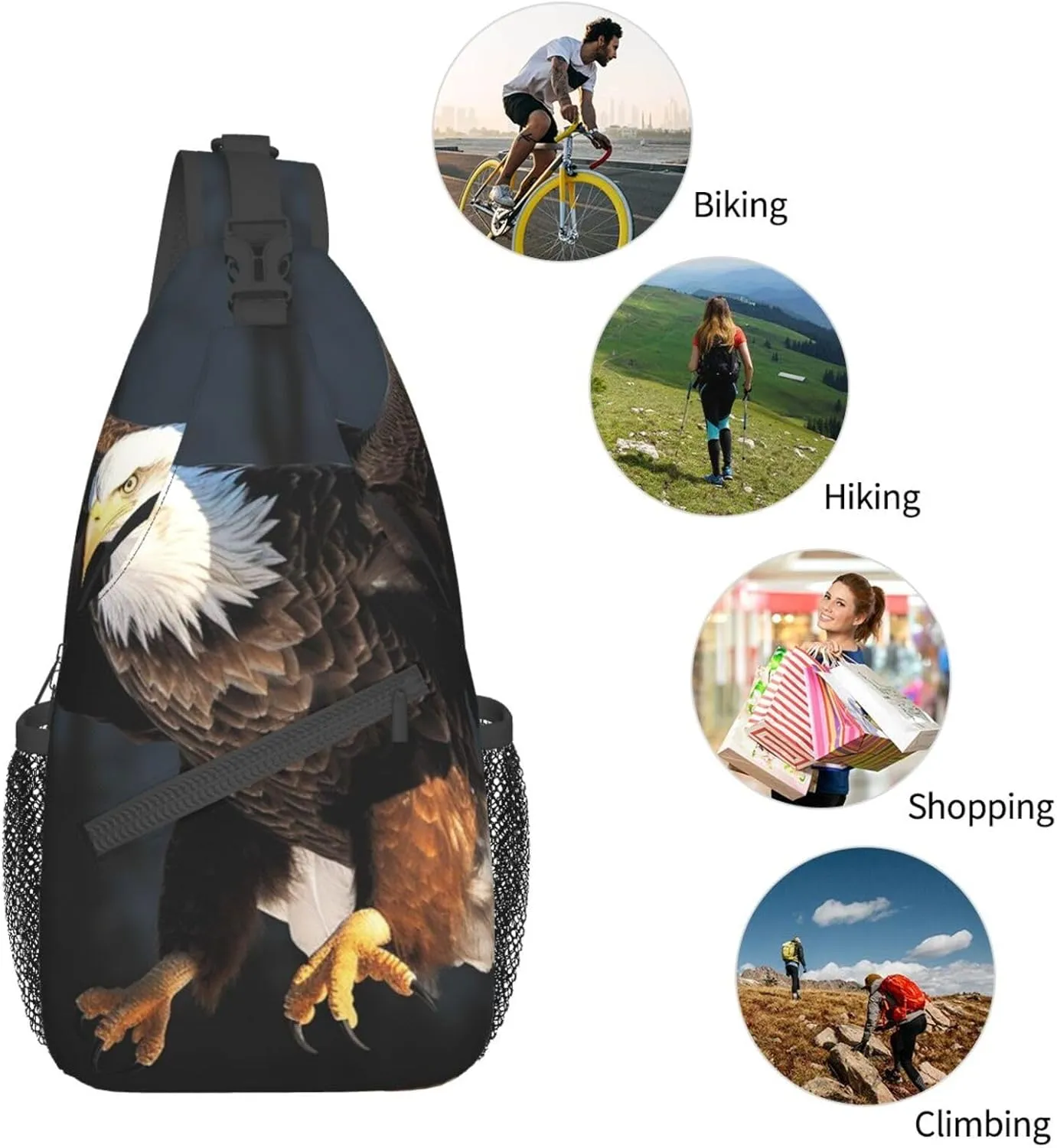 Sling Bag for Women Men Crossbody Bag Small Sling Backpack 3D Bald Eagle Chest Bag Hiking Daypack