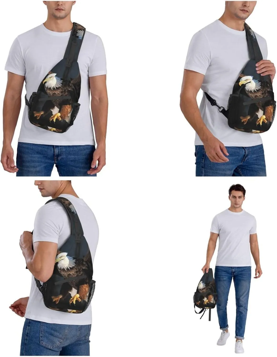 Sling Bag for Women Men Crossbody Bag Small Sling Backpack 3D Bald Eagle Chest Bag Hiking Daypack
