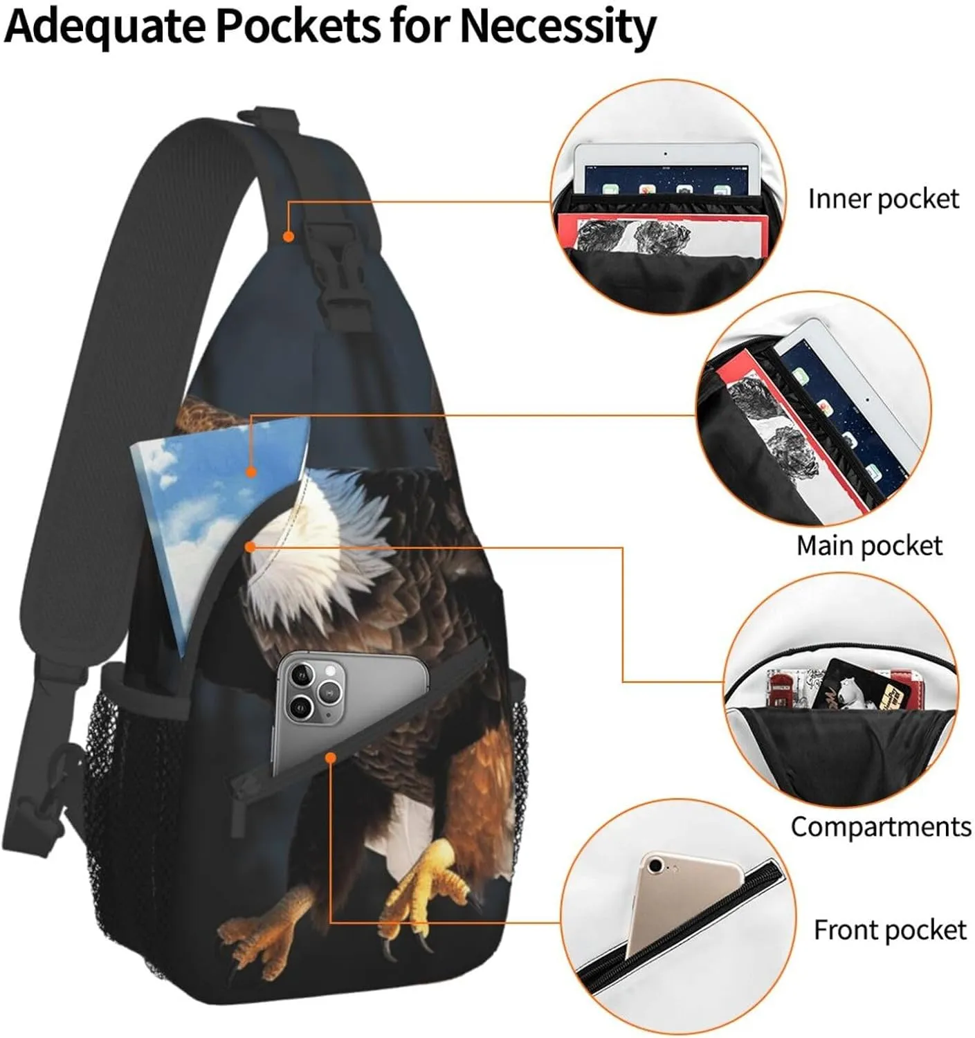 Sling Bag for Women Men Crossbody Bag Small Sling Backpack 3D Bald Eagle Chest Bag Hiking Daypack