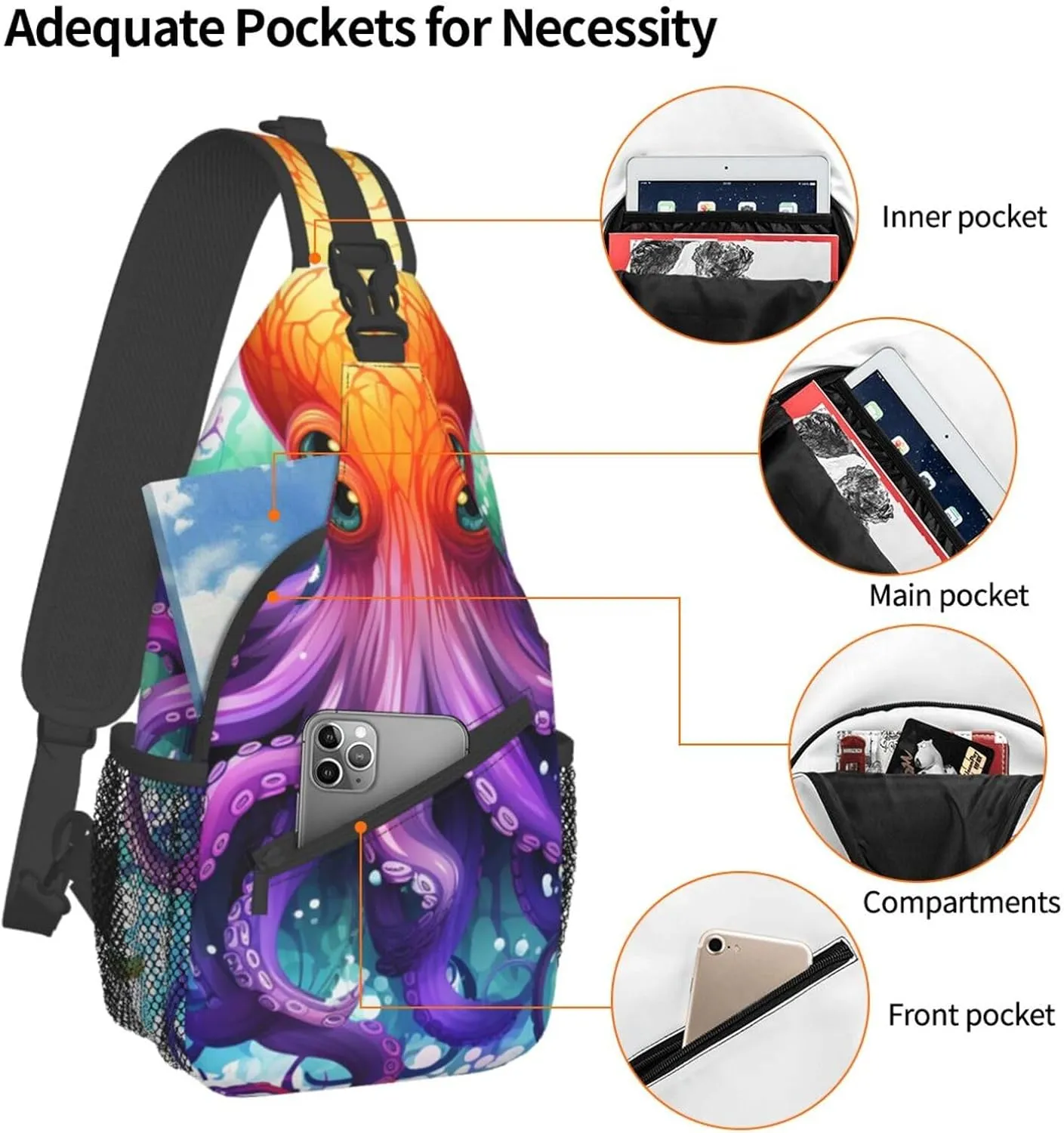 Sling Bag for Women Men Crossbody Bag Small Sling Backpack Colorful Octopus Chest Bag Hiking Daypack