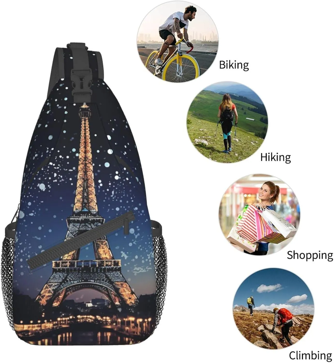 Sling Bag for Women Men Crossbody Bag Small Sling Backpack Night Paris Eiffel Tower Chest Bag Hiking Daypack