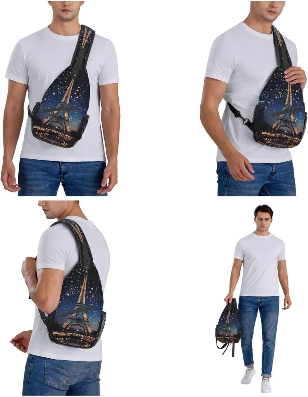 Sling Bag for Women Men Crossbody Bag Small Sling Backpack Night Paris Eiffel Tower Chest Bag Hiking Daypack