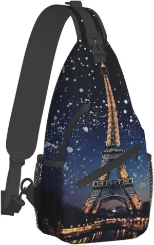 Sling Bag for Women Men Crossbody Bag Small Sling Backpack Night Paris Eiffel Tower Chest Bag Hiking Daypack