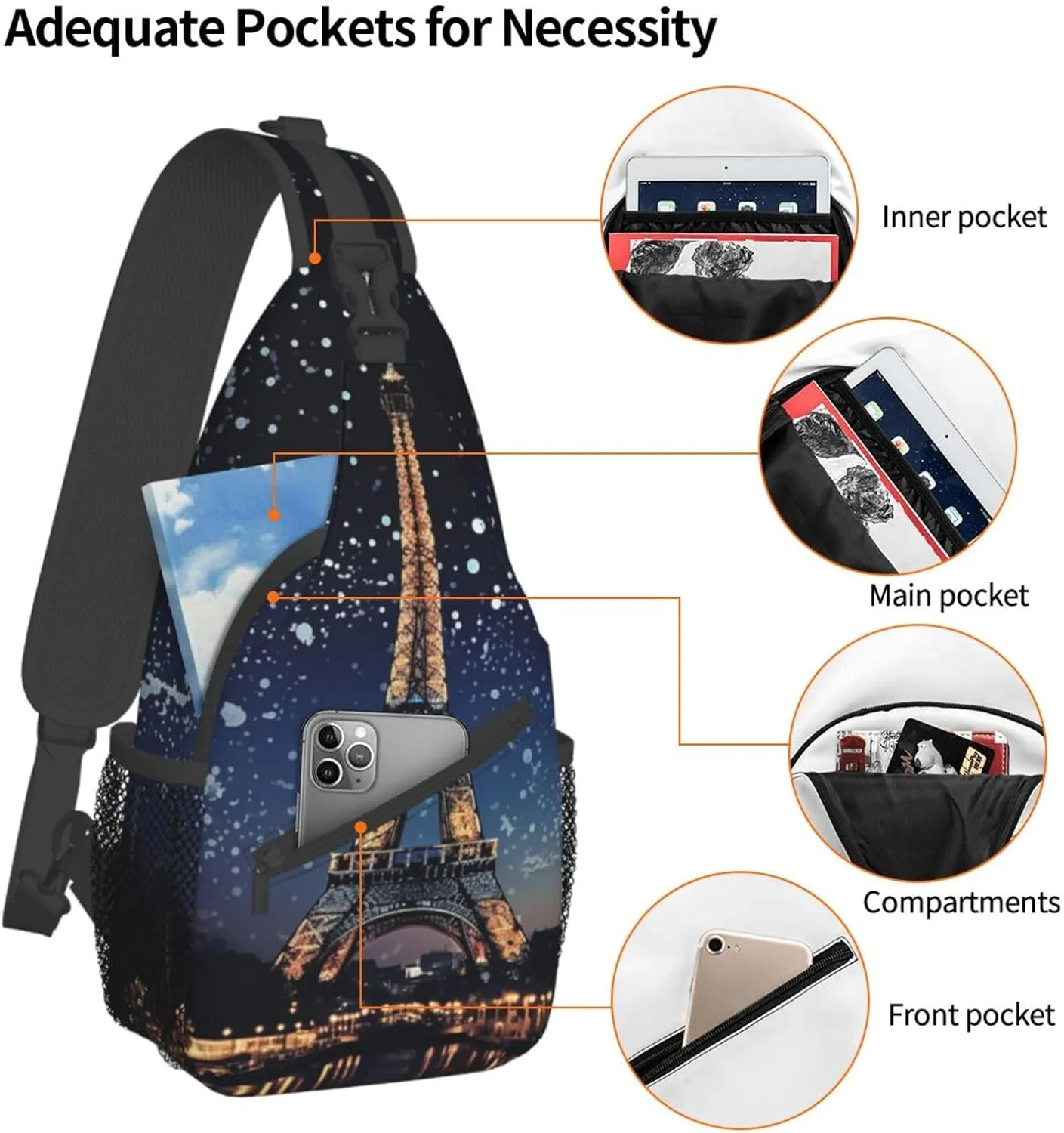 Sling Bag for Women Men Crossbody Bag Small Sling Backpack Night Paris Eiffel Tower Chest Bag Hiking Daypack