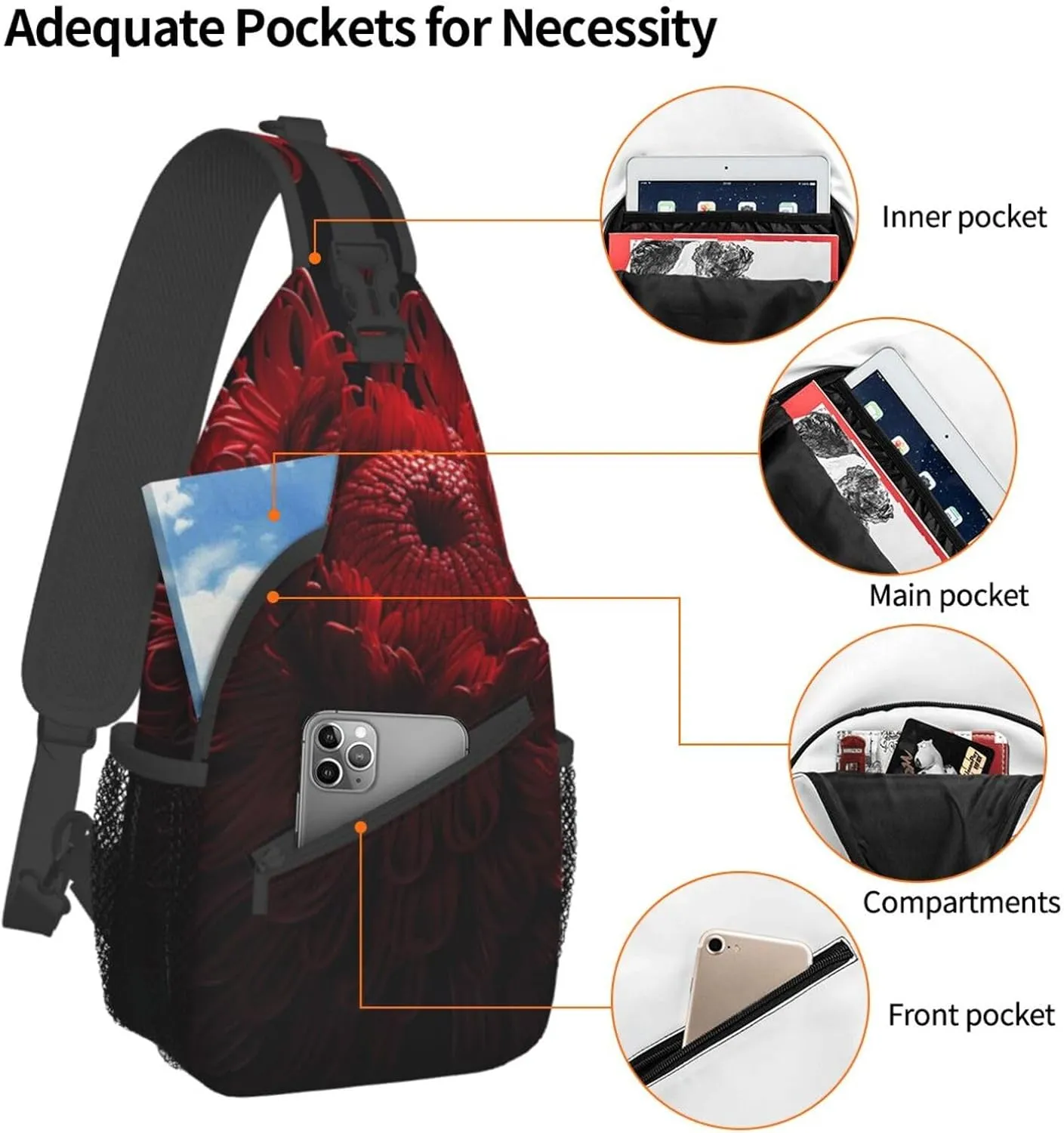 Sling Bag for Women Men Crossbody Bag Small Sling Backpack Red Flowers Chest Bag Hiking Daypack