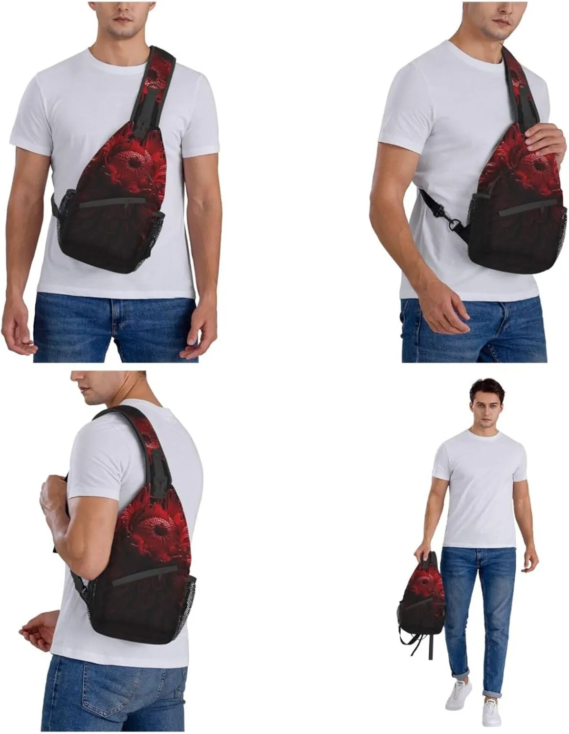 Sling Bag for Women Men Crossbody Bag Small Sling Backpack Red Flowers Chest Bag Hiking Daypack