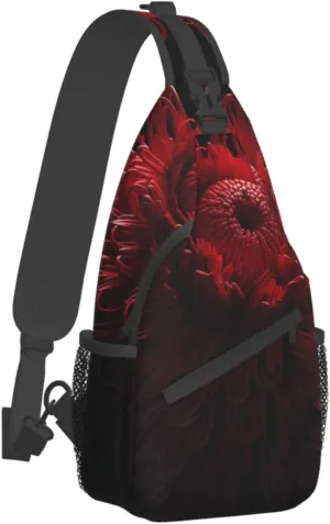 Sling Bag for Women Men Crossbody Bag Small Sling Backpack Red Flowers Chest Bag Hiking Daypack