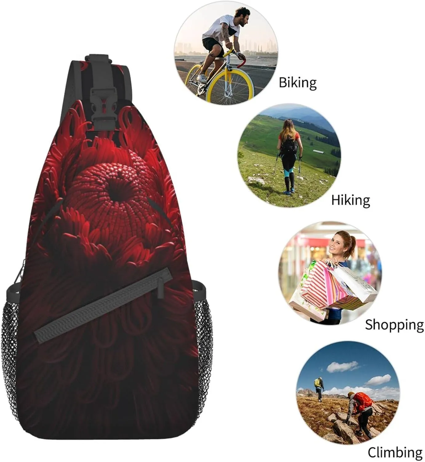 Sling Bag for Women Men Crossbody Bag Small Sling Backpack Red Flowers Chest Bag Hiking Daypack