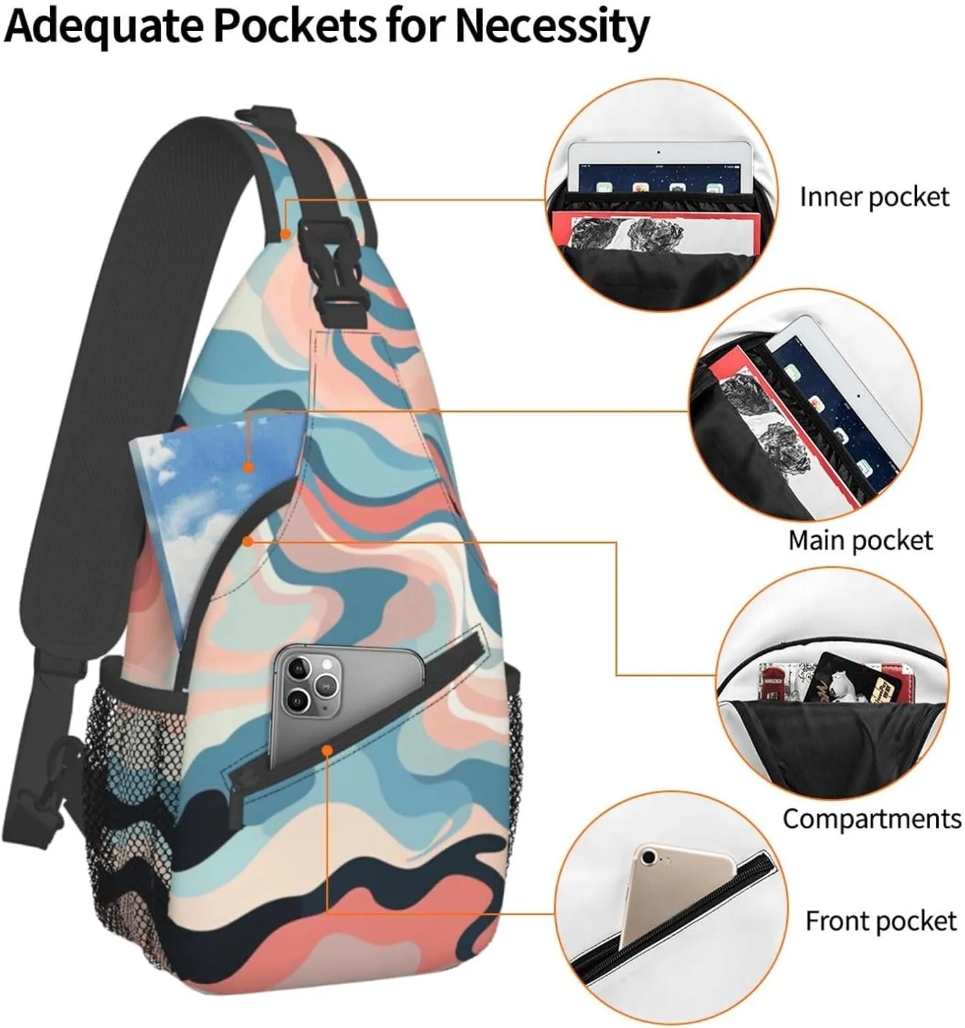 Sling Bag for Women Men Crossbody Bag Small Sling Backpack Wave Chest Bag Hiking Daypack