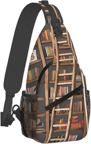 Sling Bag for Women Men Crossbody Shoulder Bag Funny Book Shelves Collection and Ladder Chest Bag Small Sling Backpack Daypack Fanny Packs