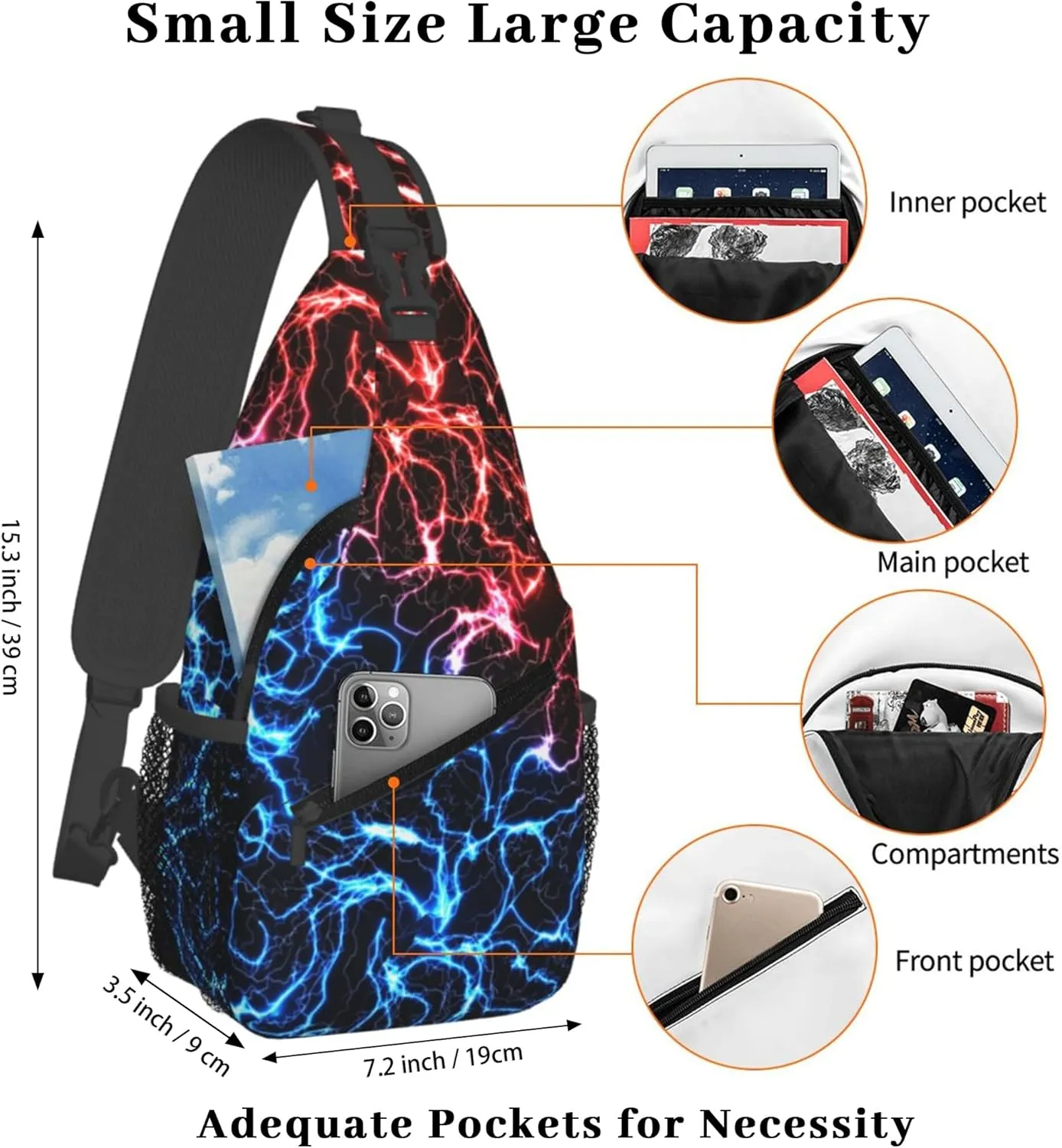 Sling Bag for Women Men, Crossbody Sling Backpack Chest Daypack Cross Body Bag Shoulder Bag (Red Blue Lightning)