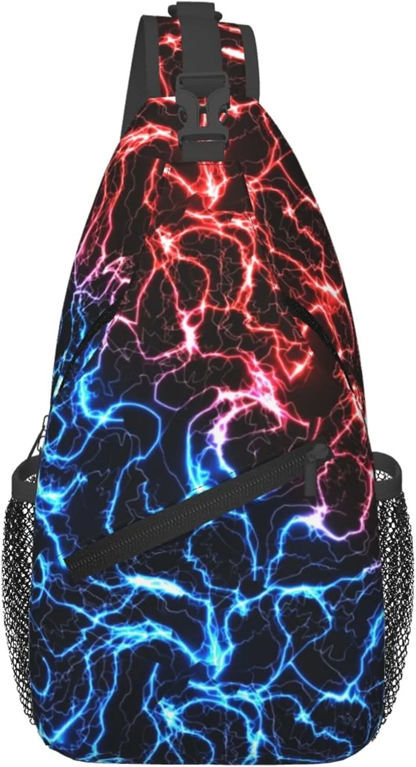 Sling Bag for Women Men, Crossbody Sling Backpack Chest Daypack Cross Body Bag Shoulder Bag (Red Blue Lightning)