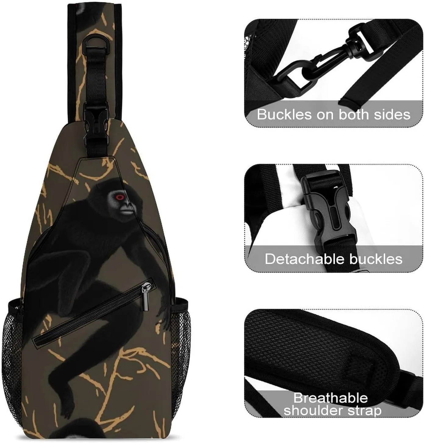 Sling Bag for Women Men Daypack Black Gibbon Monkey Chest Bag Crossbody Backpack for Hiking Travel, 38x20cm