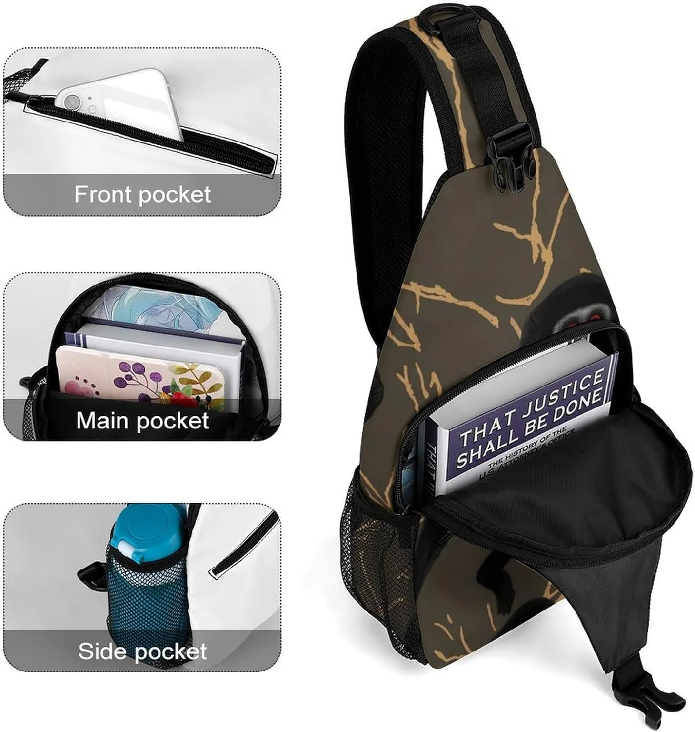 Sling Bag for Women Men Daypack Black Gibbon Monkey Chest Bag Crossbody Backpack for Hiking Travel, 38x20cm