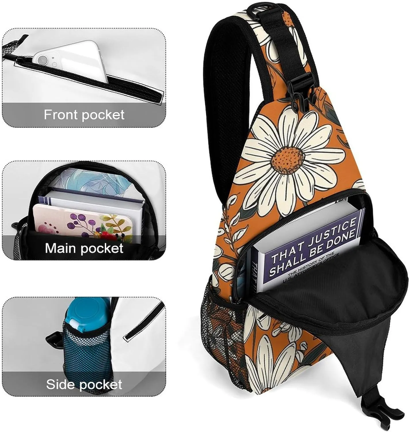 Sling Bag for Women Men Daypack Daisy Flower Pattern Chest Bag Crossbody Backpack for Hiking Travel