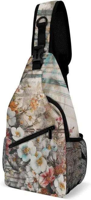 Sling Bag for Women Men Daypack Flowers And Stripes Chest Bag Crossbody Backpack for Hiking Travel