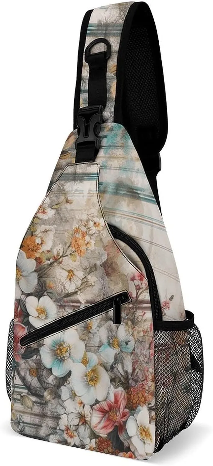 Sling Bag for Women Men Daypack Flowers And Stripes Chest Bag Crossbody Backpack for Hiking Travel