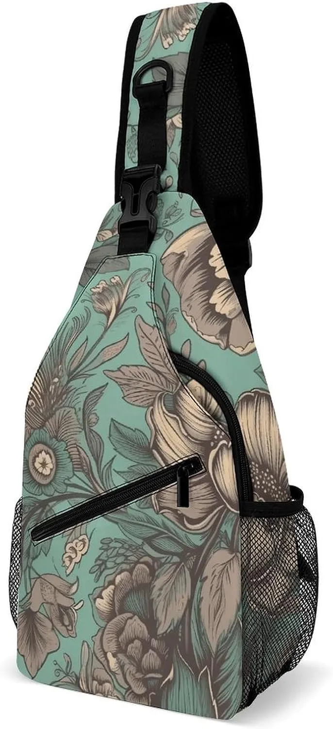 Sling Bag for Women Men Daypack Green Flower Pictures Chest Bag Crossbody Backpack for Hiking Travel