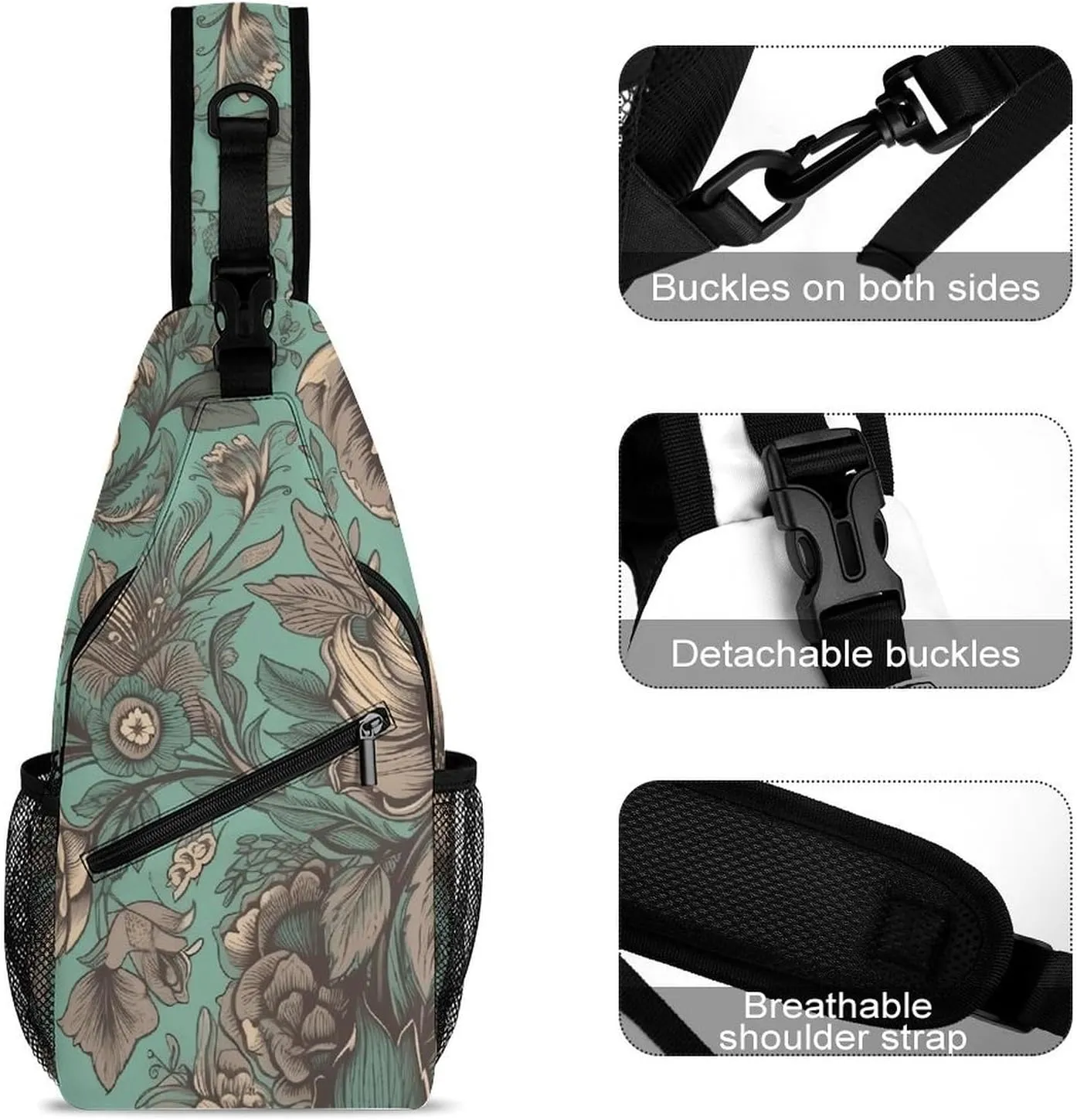 Sling Bag for Women Men Daypack Green Flower Pictures Chest Bag Crossbody Backpack for Hiking Travel