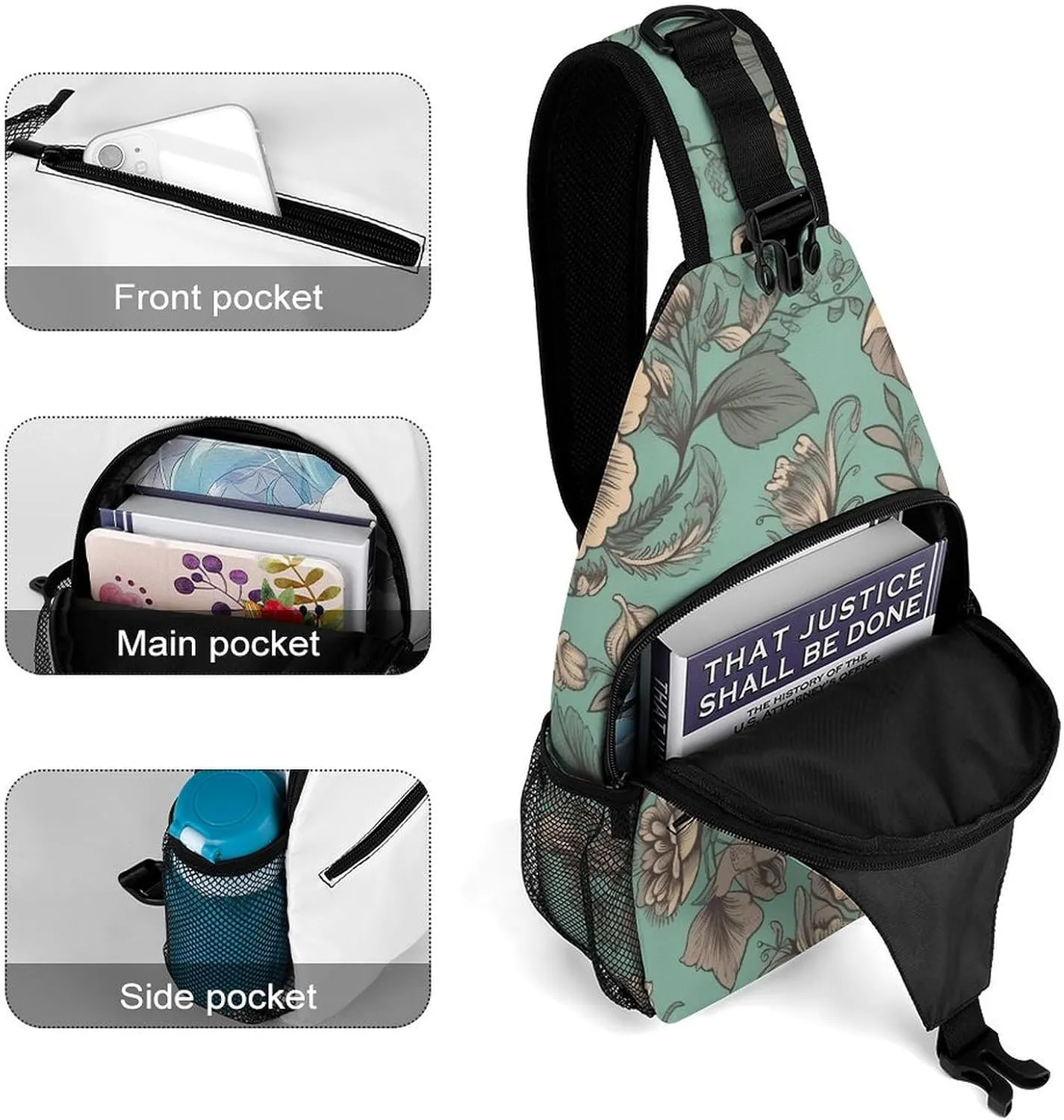 Sling Bag for Women Men Daypack Green Flower Pictures Chest Bag Crossbody Backpack for Hiking Travel