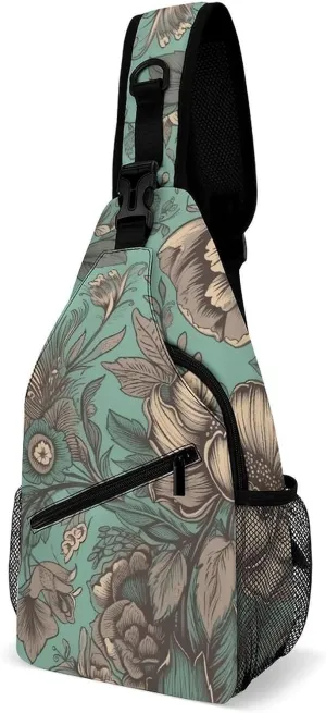 Sling Bag for Women Men Daypack Green Flower Pictures Chest Bag Crossbody Backpack for Hiking Travel