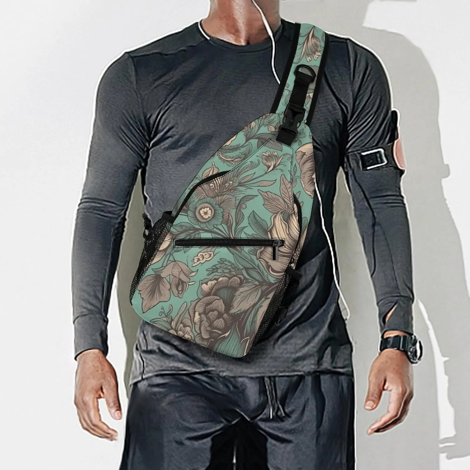 Sling Bag for Women Men Daypack Green Flower Pictures Chest Bag Crossbody Backpack for Hiking Travel