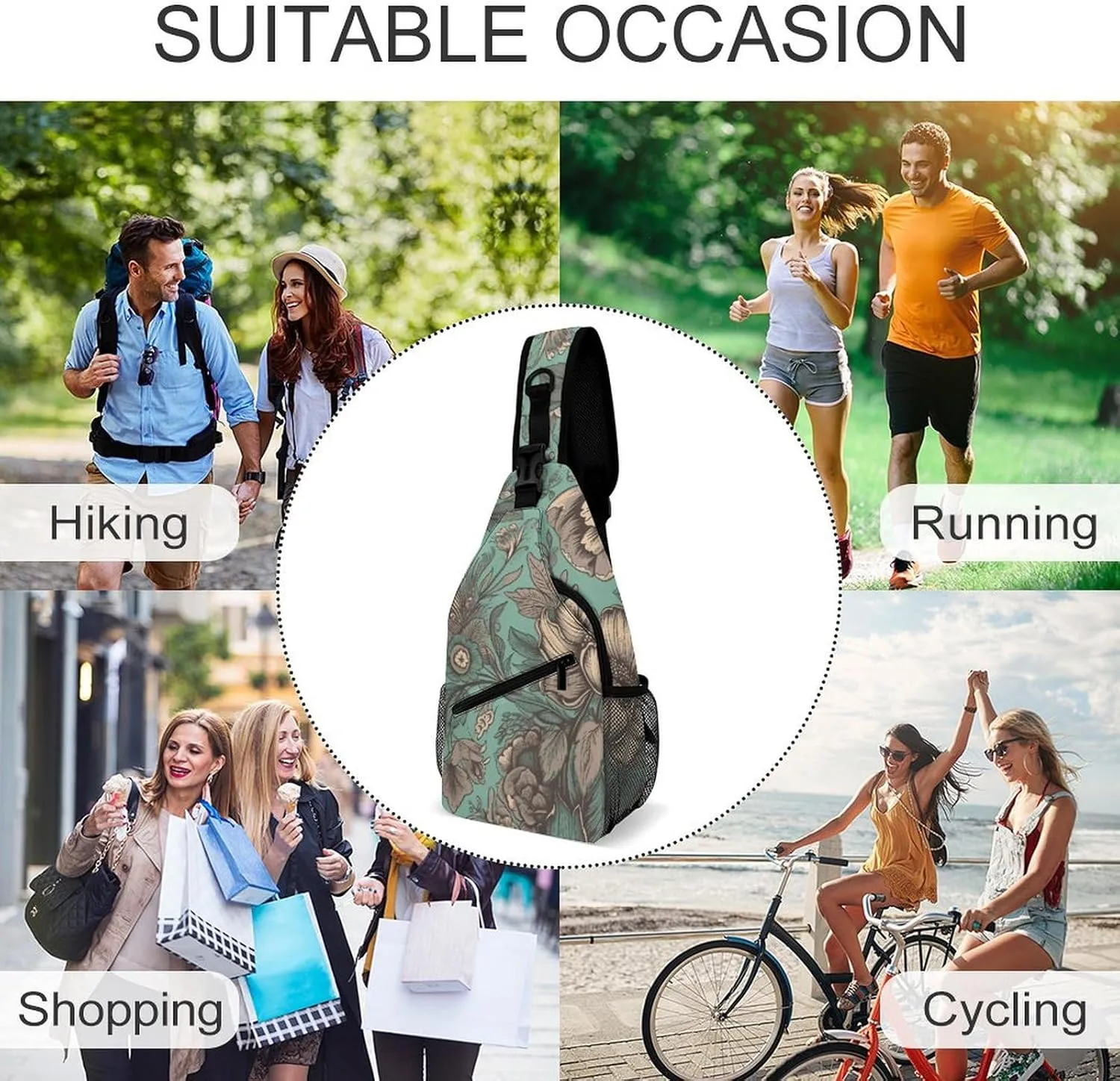 Sling Bag for Women Men Daypack Green Flower Pictures Chest Bag Crossbody Backpack for Hiking Travel
