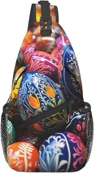 Sling Bag For Women Men Lightweight Waterproof Crossbody Shoulder Backpack Colorful Hand Painted Easter Eggs Chest Bags Travel Hiking Casual Daypack