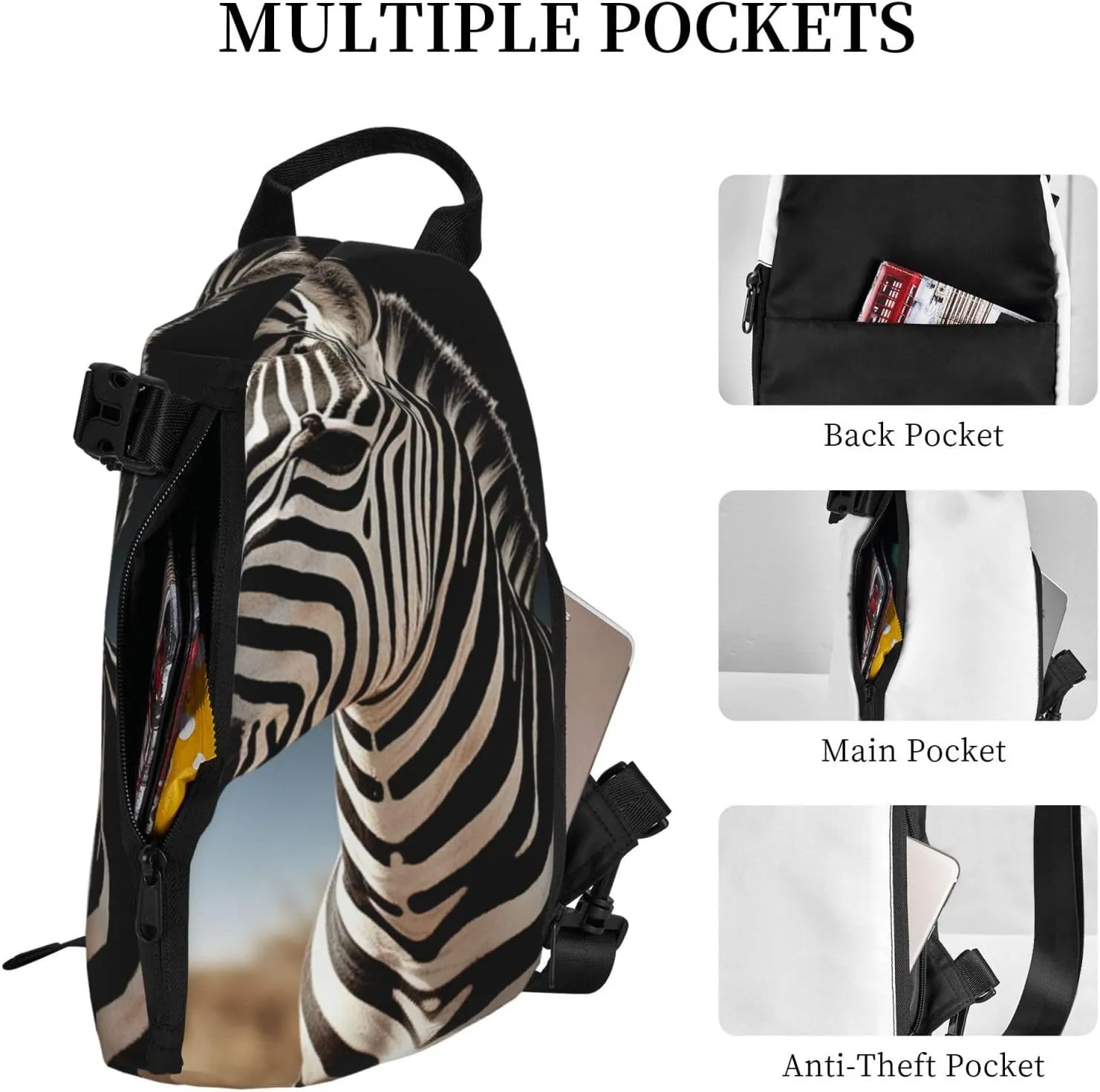 Sling Bag for Women Men Shoulder Bag Window Flower Chest Bag Travel Fanny Pack Lightweight Casual Daypack, Wild Animals Zebra, One Size
