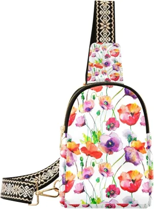 Sling Bag for Women Red Corn Poppy Purple Flower Crossbody Backpack Purse Small Cross Body Bags Travel Shoulder Bags Chest Bag Casual Daypack