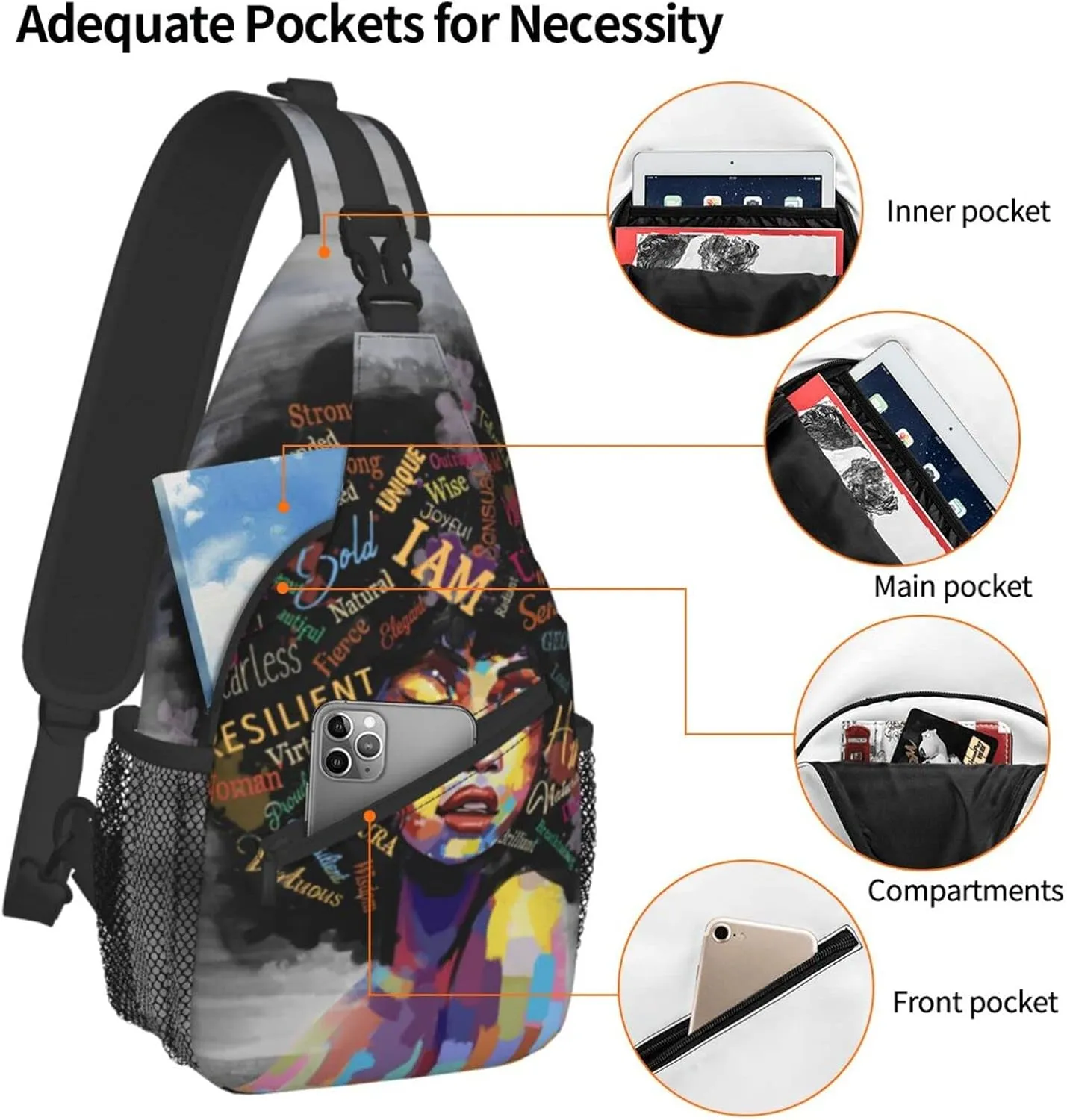 Sling bag for women Sling Backpack Travel Hiking Daypack for Men Shoulder Bag for Casual Sport Climbing Runners African American Black Girl (Glasses case included