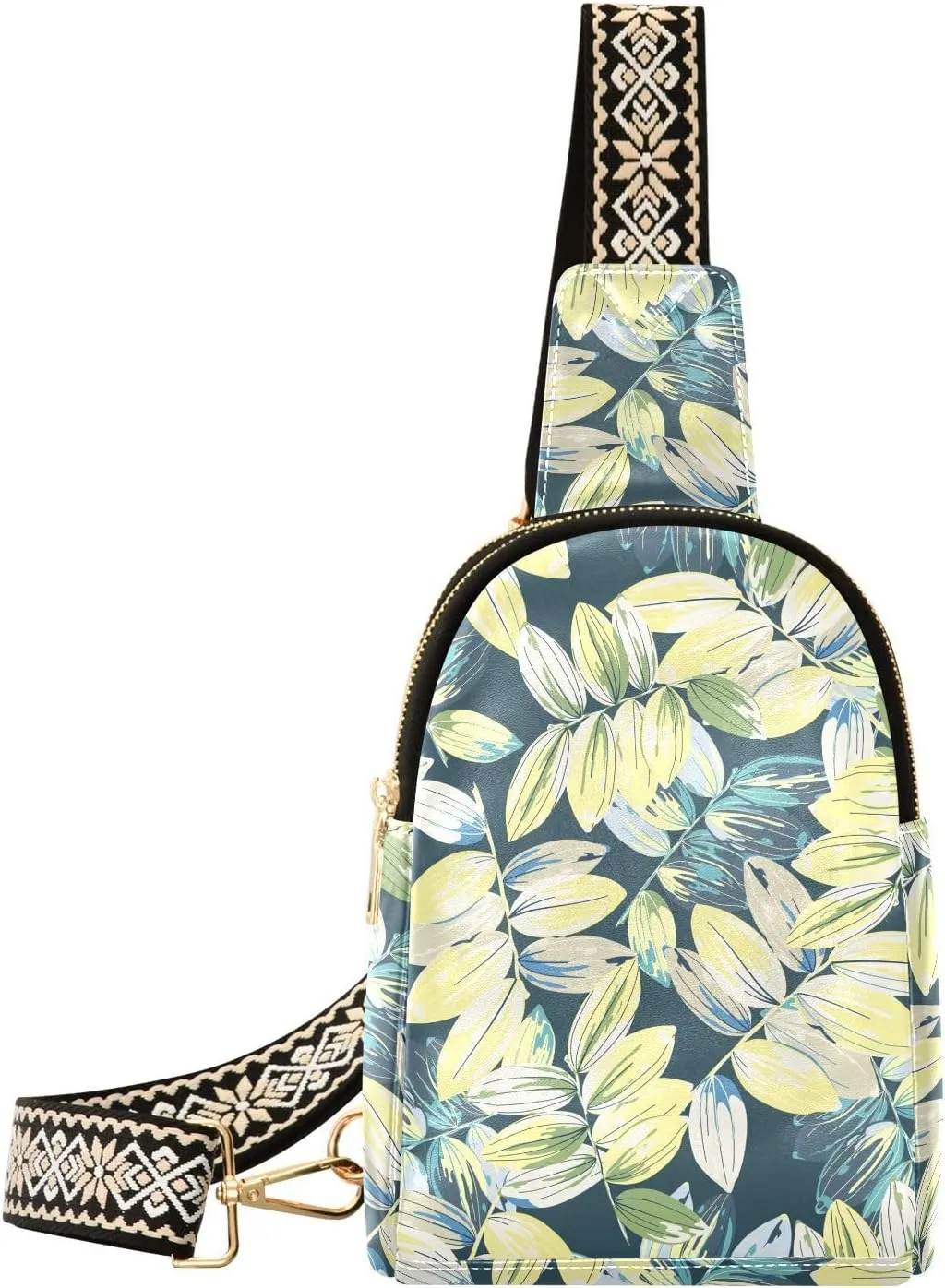 Sling Bag Leather Crossbody Bags Yellow Twigs with Colorful Leaves Waist Packs Fanny Pack Chest Bag Travel Purse for Women Traveling Daily Shopping