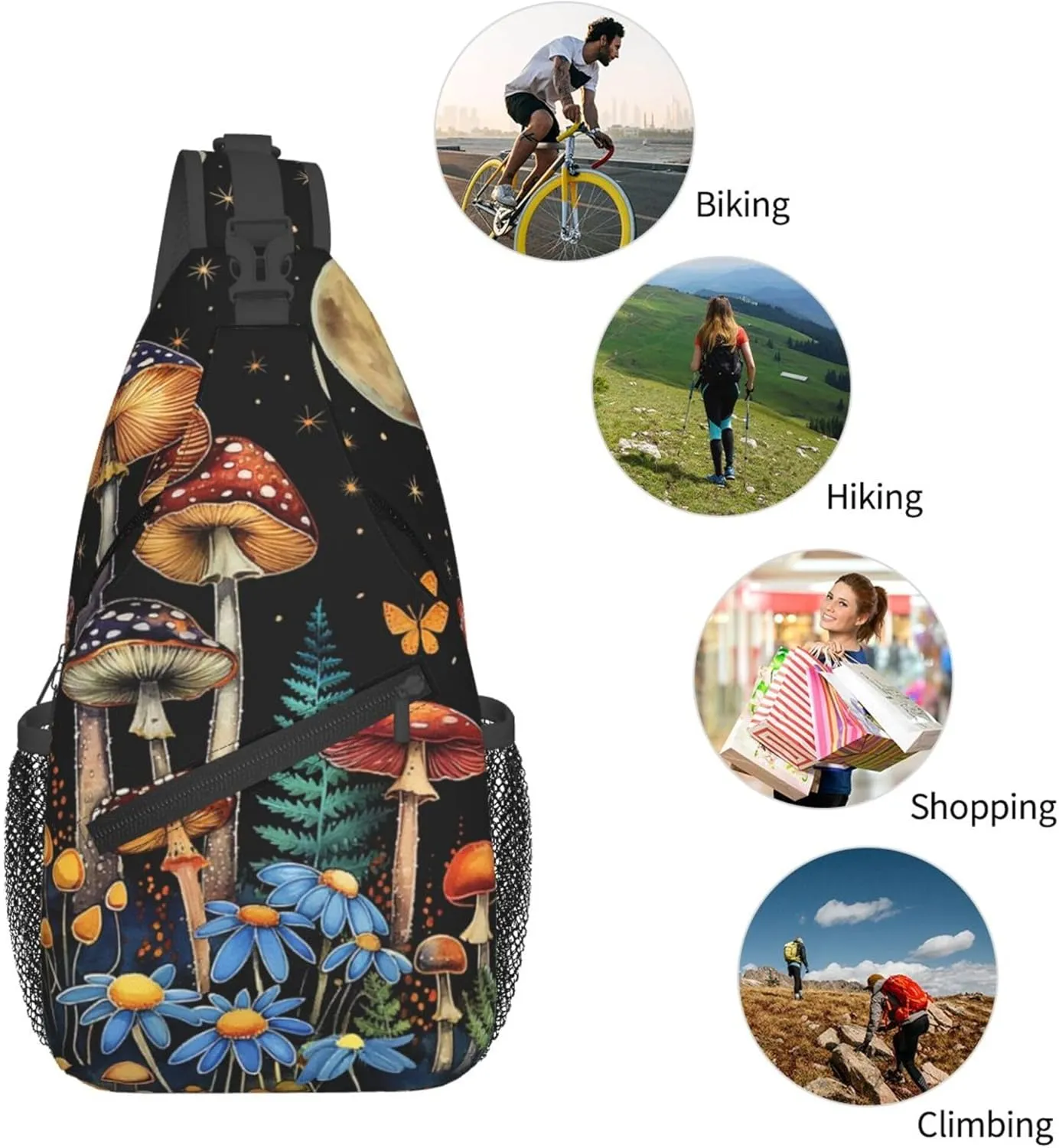 Sling Bag Mushroom Print Crossbody Chest Backpack for Men and Women Lightweight Travel Hiking Gym Daypack Shoulder Bag for Cycling