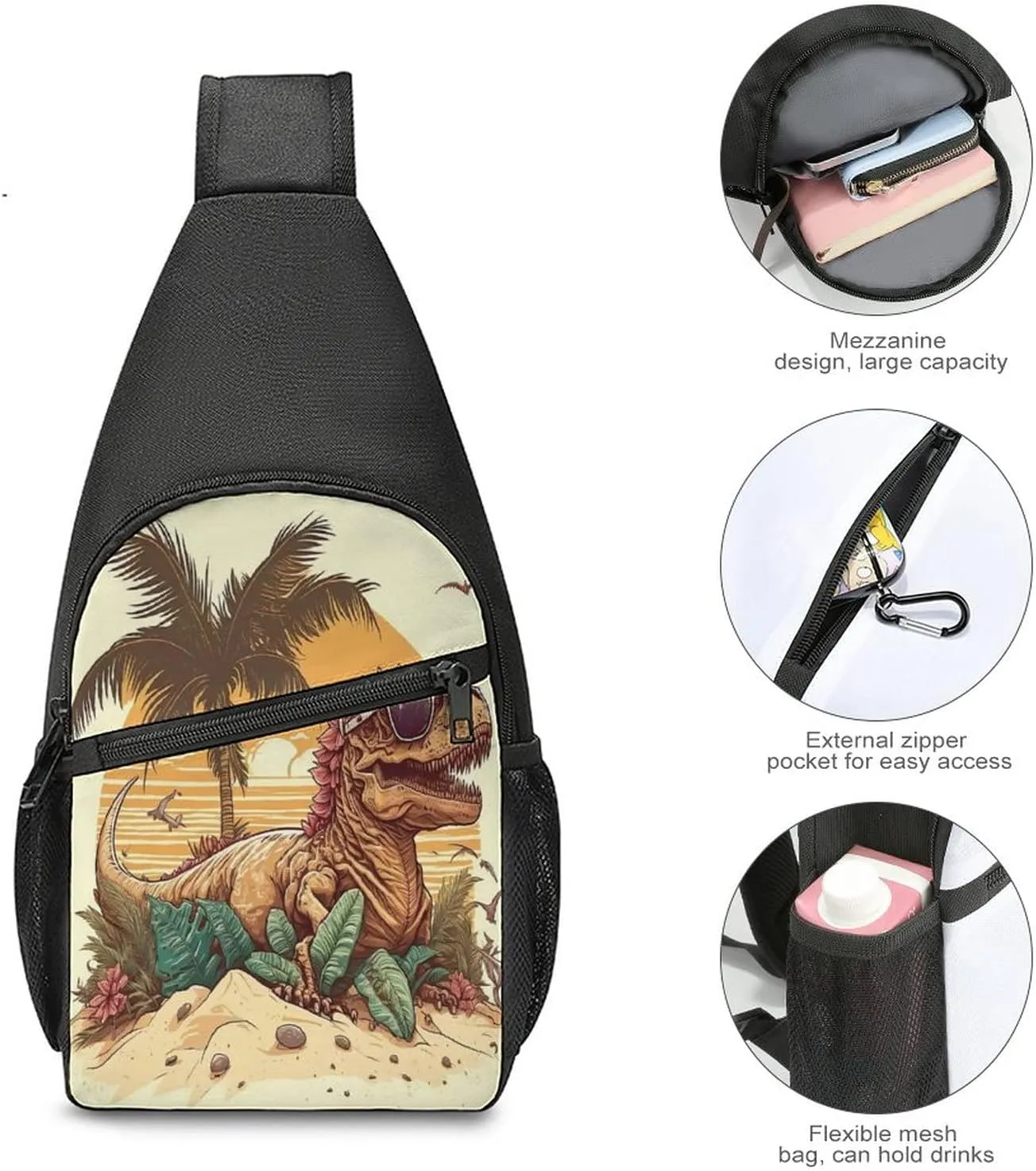 Sling Bags Men Shoulder Backpack Small Cross Body Chest Sling Backpack(Cool Dinosaur in Sunglasses)