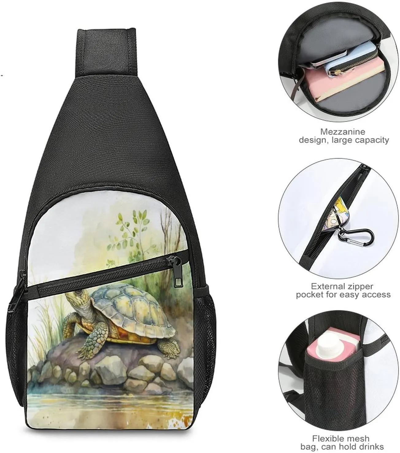 Sling Bags Men Shoulder Backpack Small Cross Body Chest Sling Backpack(Cute Turtle on Riverbank)
