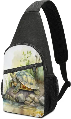 Sling Bags Men Shoulder Backpack Small Cross Body Chest Sling Backpack(Cute Turtle on Riverbank)