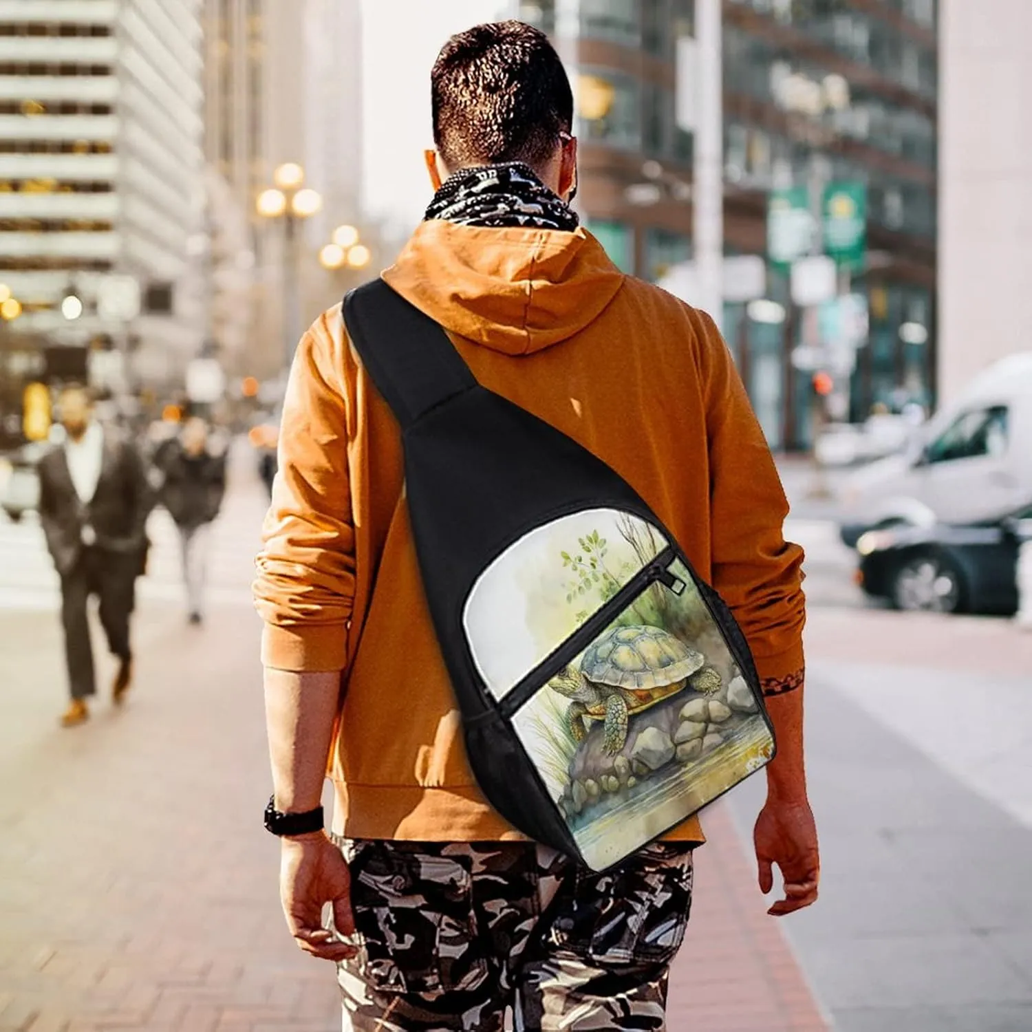 Sling Bags Men Shoulder Backpack Small Cross Body Chest Sling Backpack(Cute Turtle on Riverbank)