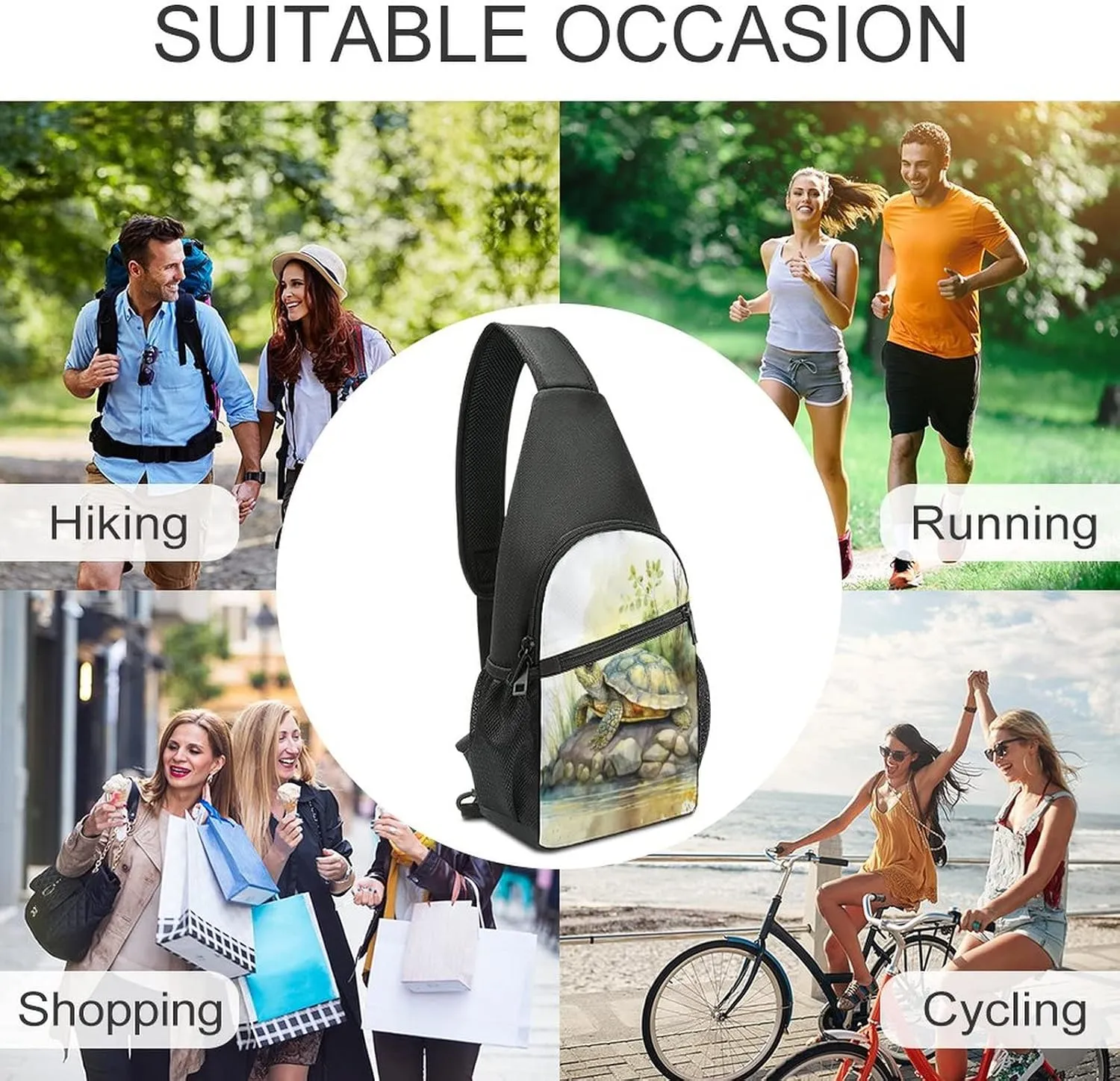 Sling Bags Men Shoulder Backpack Small Cross Body Chest Sling Backpack(Cute Turtle on Riverbank)