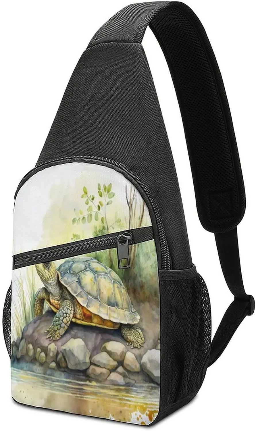 Sling Bags Men Shoulder Backpack Small Cross Body Chest Sling Backpack(Cute Turtle on Riverbank)
