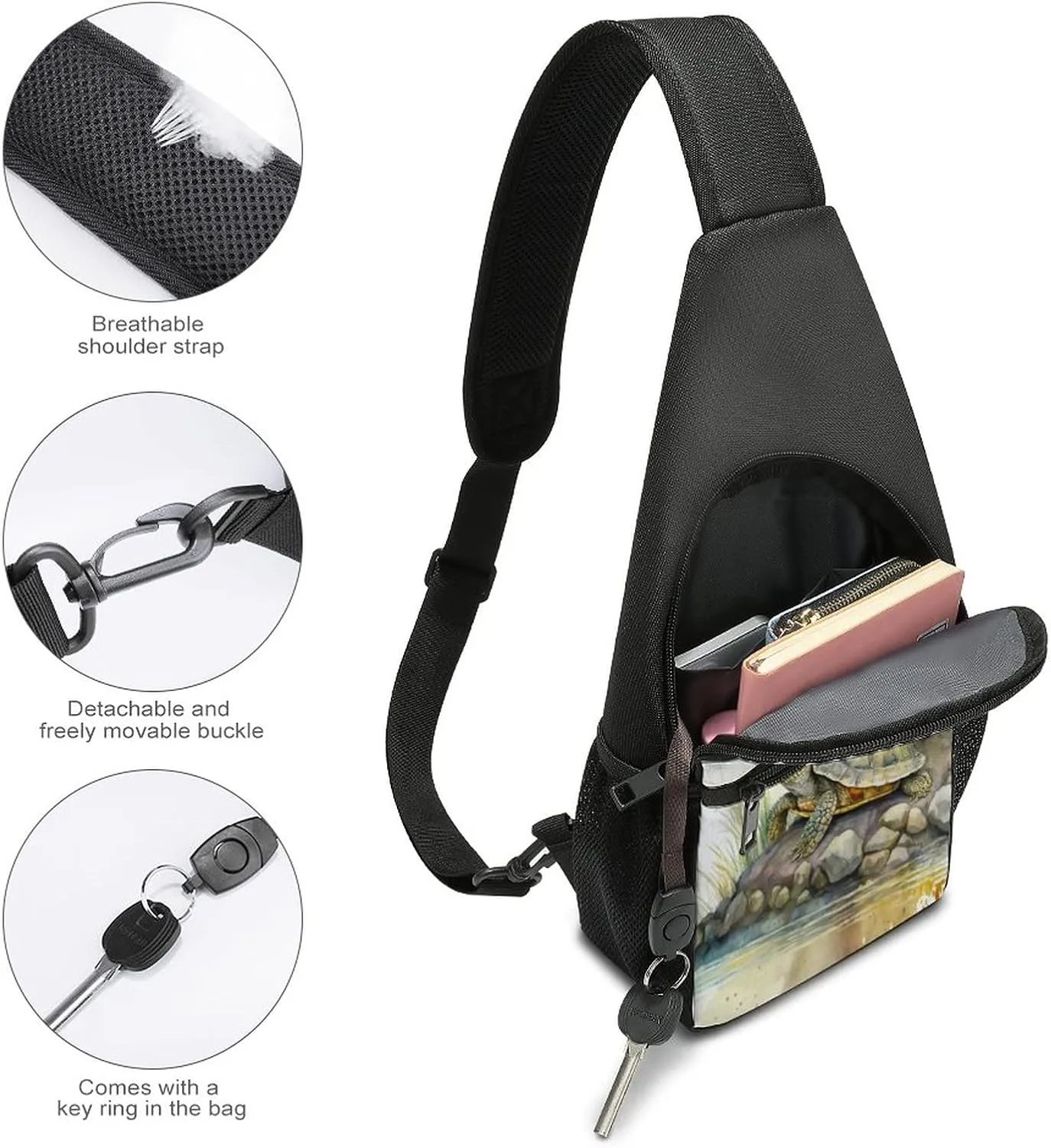 Sling Bags Men Shoulder Backpack Small Cross Body Chest Sling Backpack(Cute Turtle on Riverbank)