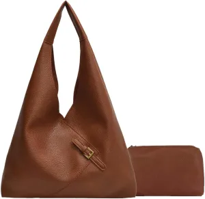 Slouchy Shoulder Bag Hobo Bag for Women Faux Leather Large Tote Bag with Small Purse Bucket Bags Handbags 2pcs Brown