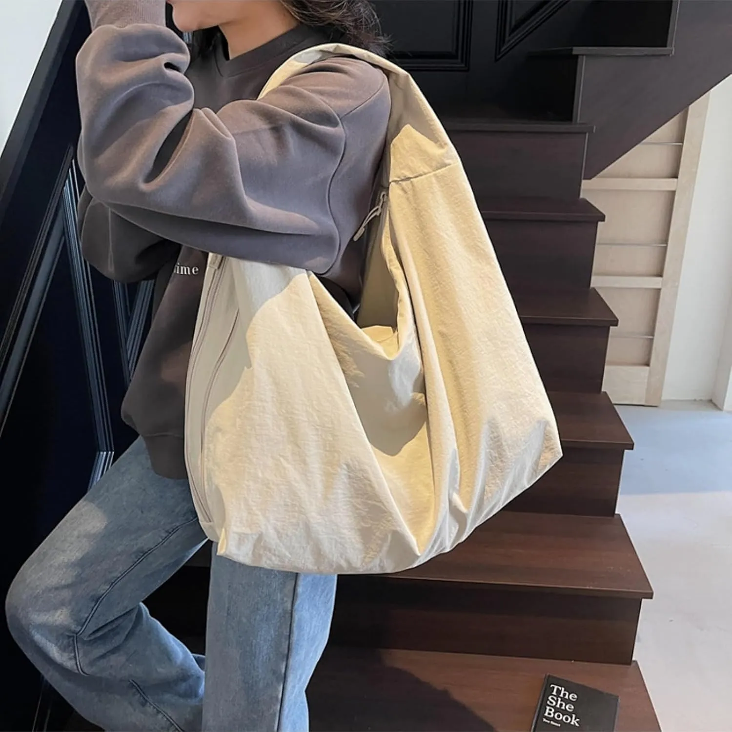 Slouchy Tote Bag 2025 Nylon Solid Pleated Handbag Men Women Large Shoulder Travel Gym Commute Hobo Weekend Vacation