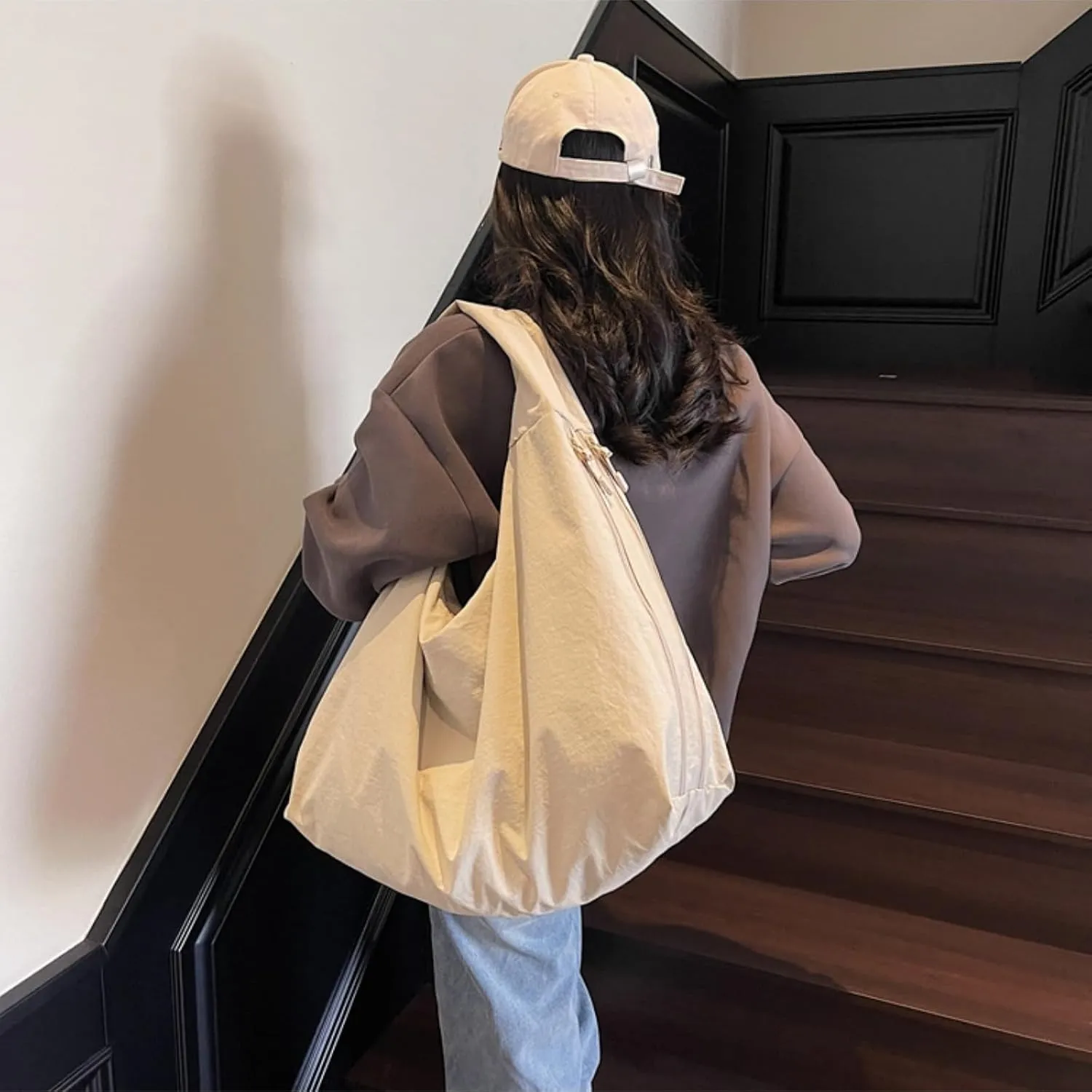Slouchy Tote Bag 2025 Nylon Solid Pleated Handbag Men Women Large Shoulder Travel Gym Commute Hobo Weekend Vacation