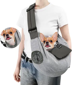 SlowTon Dog Carrier Sling - Puppy Carrier with Window and Storage Pocket Fits up to 12lbs, Dog Sling with Thick Adjustable Shoulder Strap and Safety Leash, Pet Carrier Bag for Small Dogs Cats(Grey S)