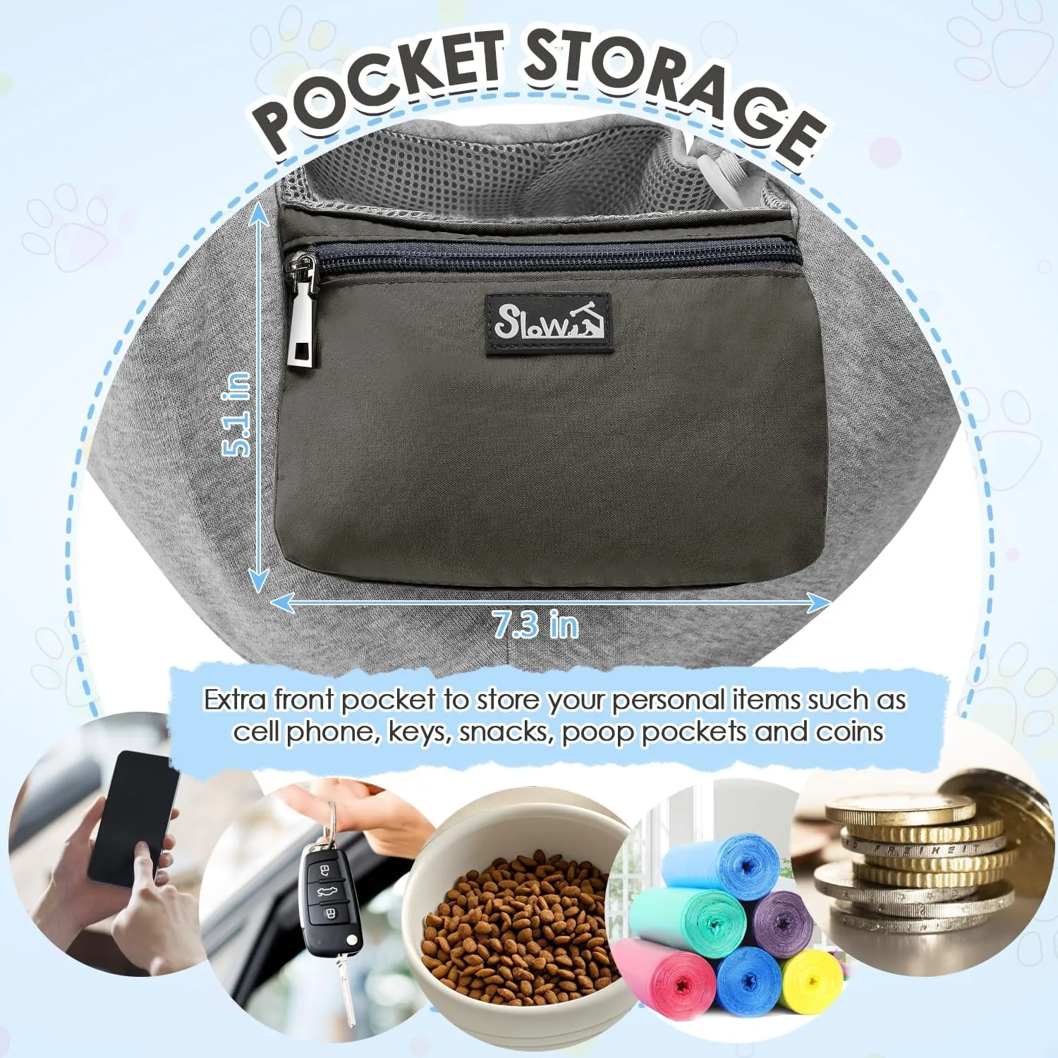 SlowTon Dog Carrier Sling - Puppy Carrier with Window and Storage Pocket Fits up to 12lbs, Dog Sling with Thick Adjustable Shoulder Strap and Safety Leash, Pet Carrier Bag for Small Dogs Cats(Grey S)