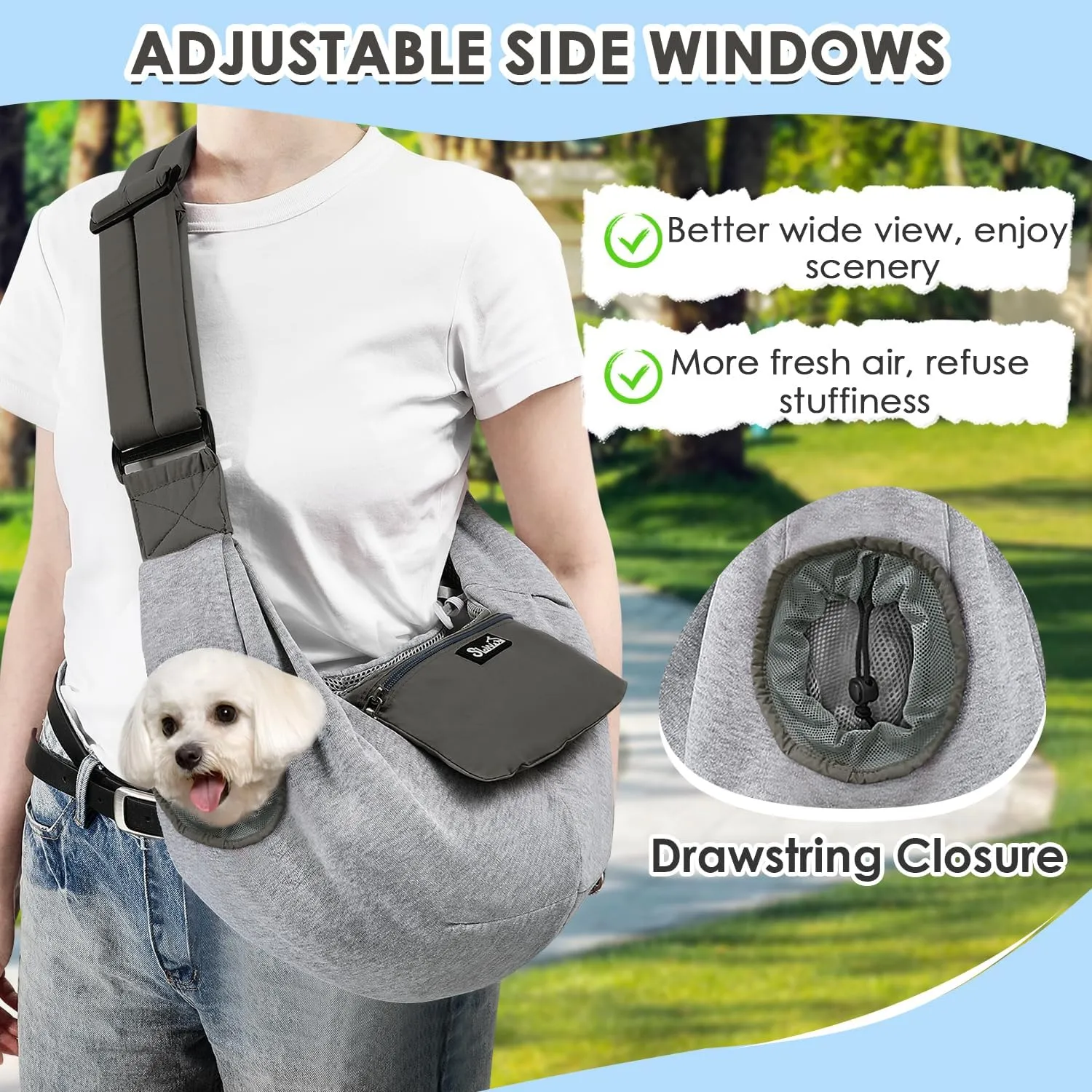 SlowTon Dog Carrier Sling - Puppy Carrier with Window and Storage Pocket Fits up to 12lbs, Dog Sling with Thick Adjustable Shoulder Strap and Safety Leash, Pet Carrier Bag for Small Dogs Cats(Grey S)