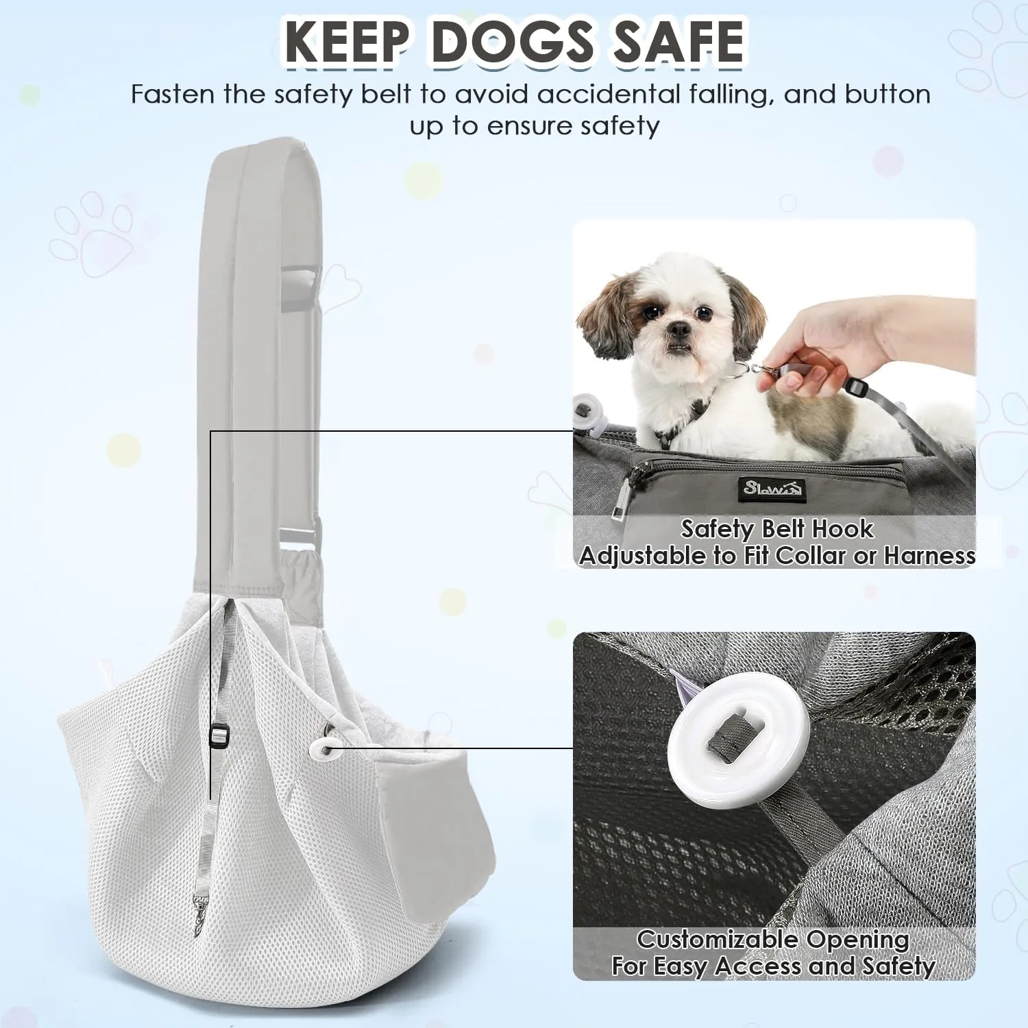 SlowTon Dog Carrier Sling - Puppy Carrier with Window and Storage Pocket Fits up to 12lbs, Dog Sling with Thick Adjustable Shoulder Strap and Safety Leash, Pet Carrier Bag for Small Dogs Cats(Grey S)