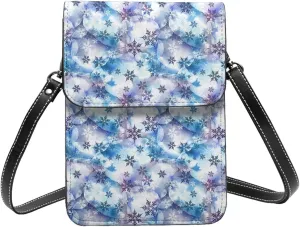 Small Crossbody Bags for Women, Leather Icy Blue Snowflakes Cell Phone Cross Body Bag Wallet Purses